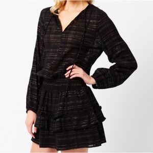 Vacate The Label Escape Smocked‎ Ruffle Long Sleeve Dress Black Silver Sz S NWT